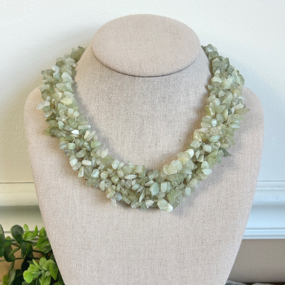 Aventurine Stone Chip Multi Strand Statement Necklace Silver Tone Toggle Clasp